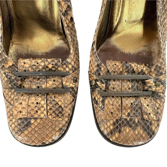 Dolce and Gabbana Brown Python Snakeskin Square Toe Kiltie Pumps Size 38 Heels - Picture 4 of 11